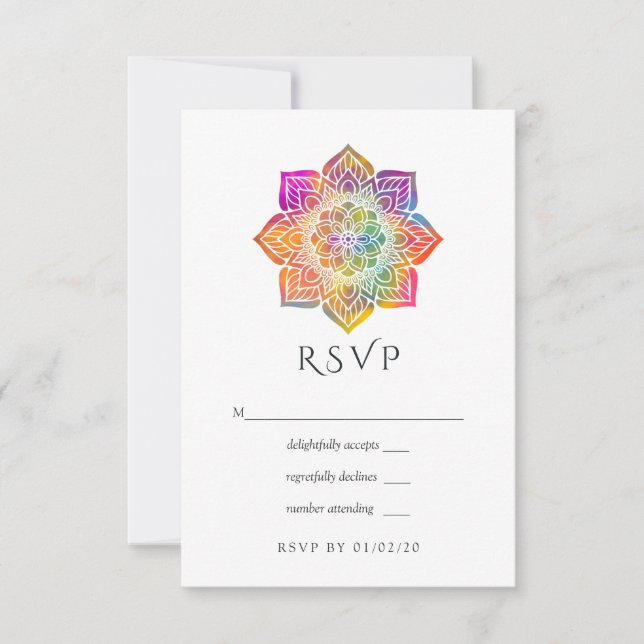 Cartão RSVP Casamento Indiano Rainbow Mandala (Frente)