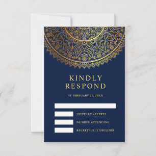 Cartão RSVP Casamento Indiano Tradicional Mandala Azul Dourado