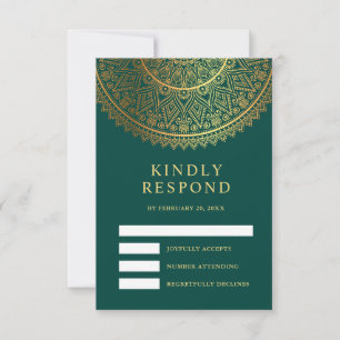 Cartão RSVP Casamento Indiano Tradicional Teal Dourado Mandala