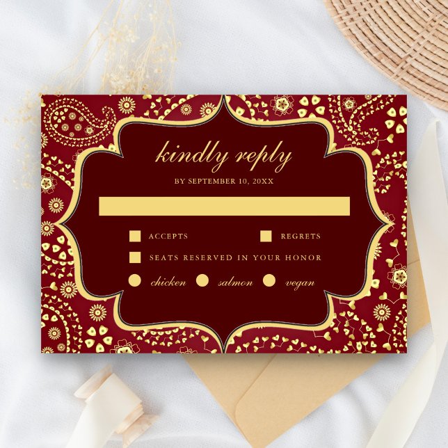 Cartão RSVP Casamento Índio do Estilo Dourado Paisley Bollywoo (Criador carregado)