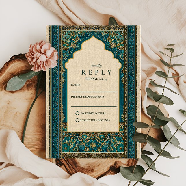 Cartão RSVP Casamento Islâmico Arco Turquesa (Criador carregado)