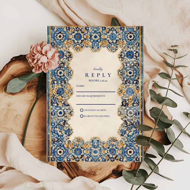 Cartão RSVP Casamento Islâmico Azul Real (Criador carregado)