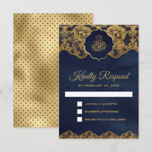 Cartão RSVP Casamento Islâmico com Renda Azul Naval e Folha de