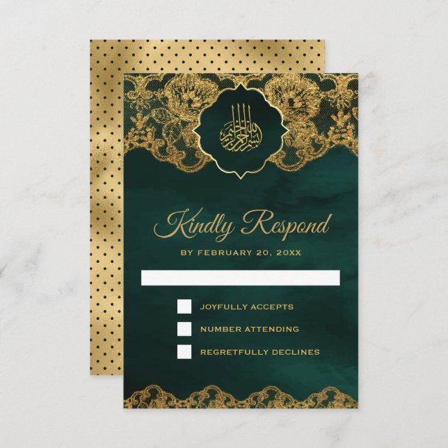 Cartão RSVP Casamento Islâmico de Emerald Green Gold Foil Lace (Frente/Verso)