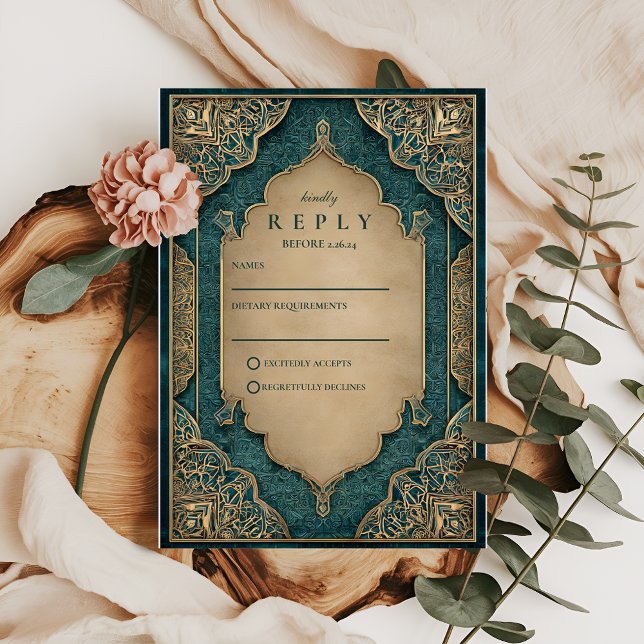 Cartão RSVP Casamento Islâmico Esmeralda Dourado (Criador carregado)