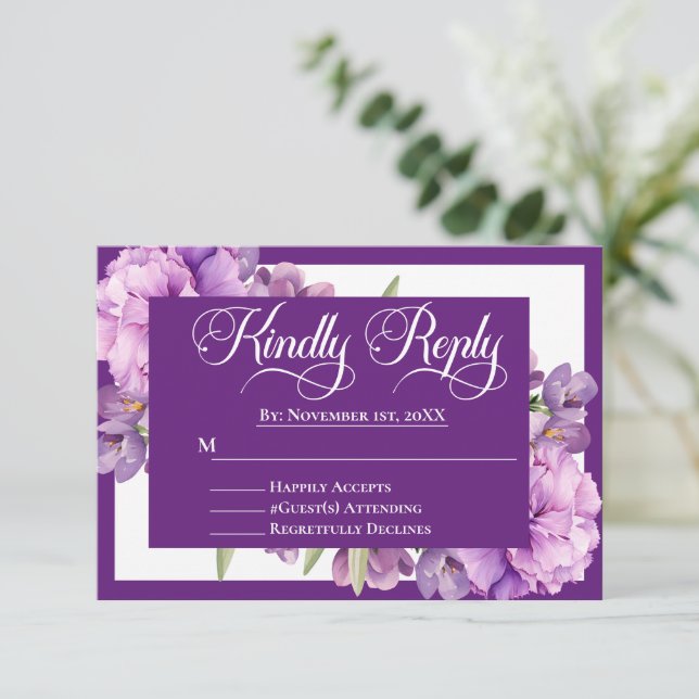 Cartão RSVP Casamento Islâmico Floral Roxo-Elegante Lilac (Em pé/Frente)