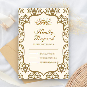 Cartão RSVP Casamento Islâmico Muçulmano em Damasco Creme e Do