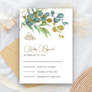 Cartão RSVP Casamento Islâmico Rustic Eucalyptus Dourado Branc