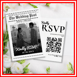 Cartão RSVP Casamento Jornal Moderno Elegante Código QR