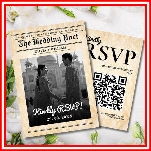 Cartão RSVP Casamento Jornal Rústico Elegante Código QR