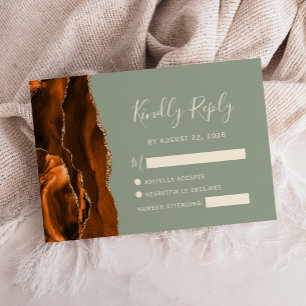 Cartão RSVP Casamento Laranja Queimada Ágata Dourado Verde Sal