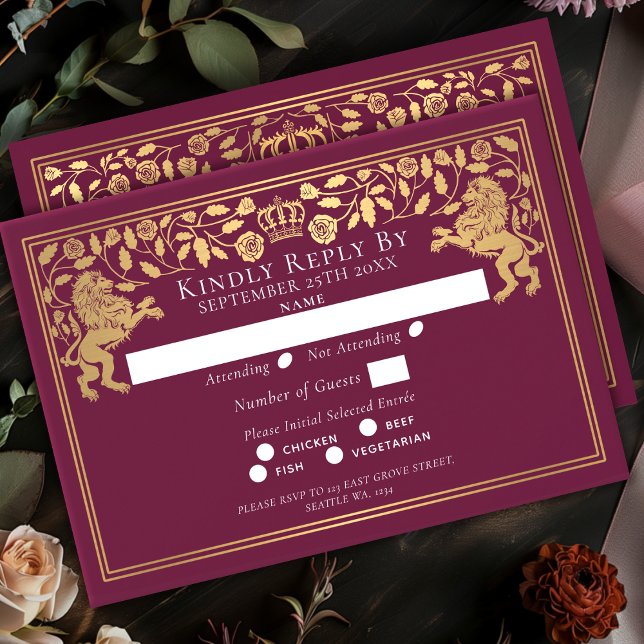 Cartão RSVP Casamento Leão Medieval Royal Vermelho (Criador carregado)