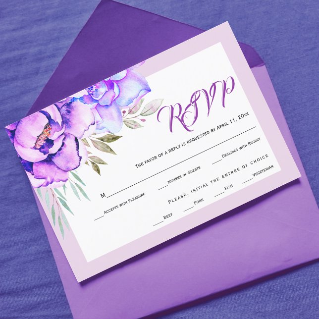 Cartão RSVP Casamento lilar com flores de aquarela púrpura (Criador carregado)
