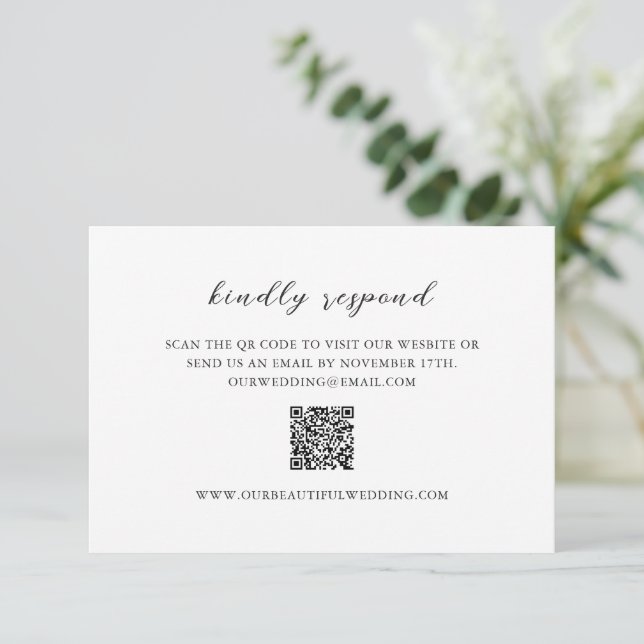Cartão RSVP Casamento Limpo de Código QR Branco e Preto Simple (Em pé/Frente)