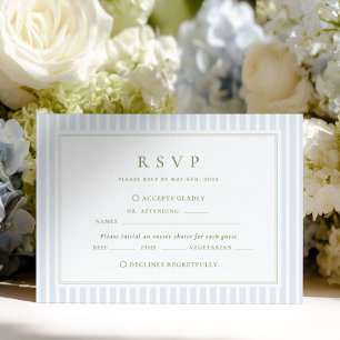 Cartão RSVP Casamento Listrado Azul & Salvia Elegante