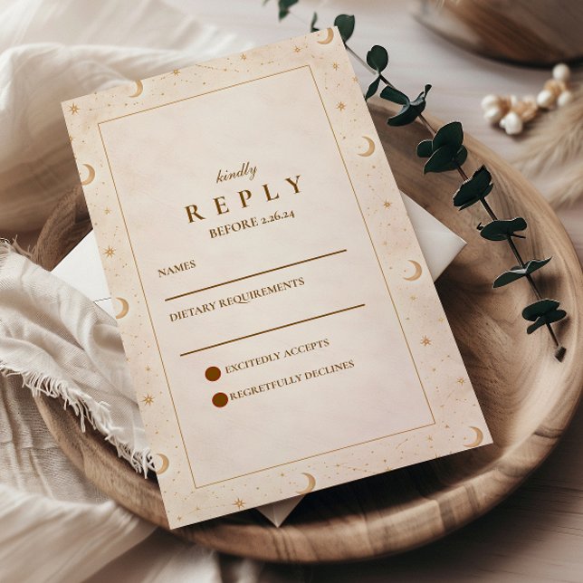 Cartão RSVP Casamento Lua Celestial e Estrelas (Criador carregado)