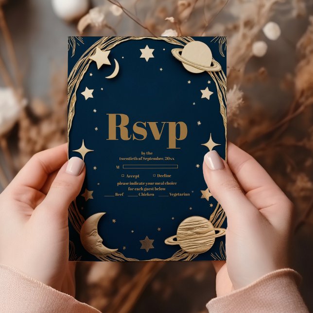 Cartão RSVP Casamento Lua Crescente Dourada da Marinha Celesti (Criador carregado)