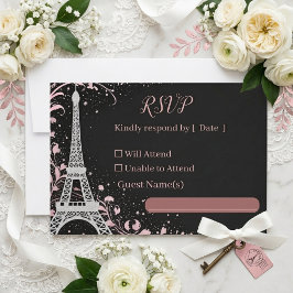 Cartão RSVP Casamento Luxuoso Parisiense Rosa Bege com Brilho 