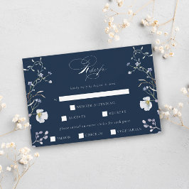 Cartão RSVP Casamento marinho Azul Elegante Inverno Flores Sel