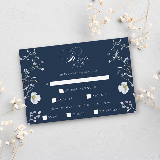 Cartão RSVP Casamento marinho Azul Elegante Inverno Flores Sel (Criador carregado)