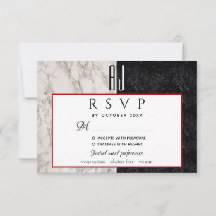 Cartão RSVP Casamento Mármore Simples Moderno Vermelho Preto e