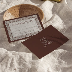 Cartão RSVP Casamento Marrom Chocolate Clássico com Renda Dinh