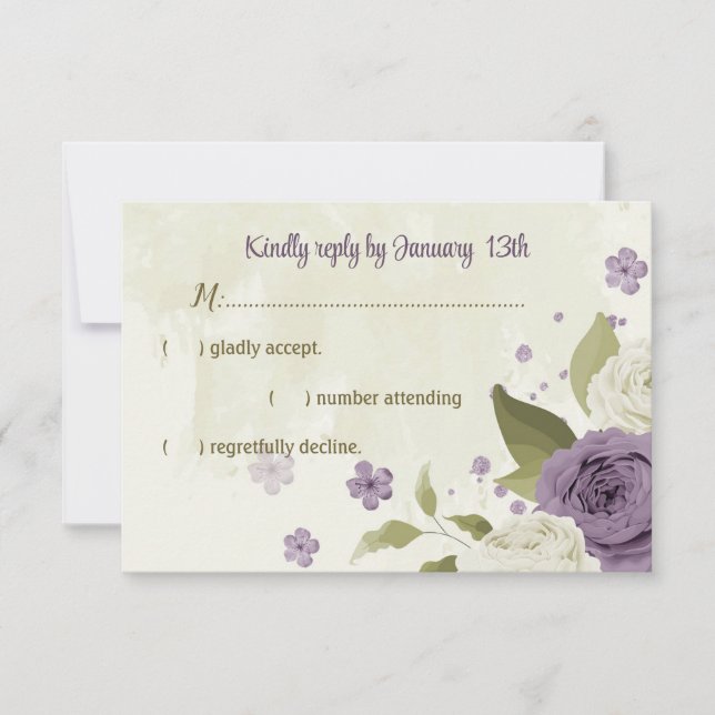 Cartão RSVP casamento mauve de flores brancas verde (Frente)