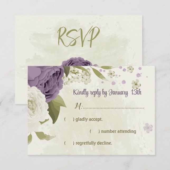 Cartão RSVP casamento mauve de flores brancas verde (Frente/Verso)