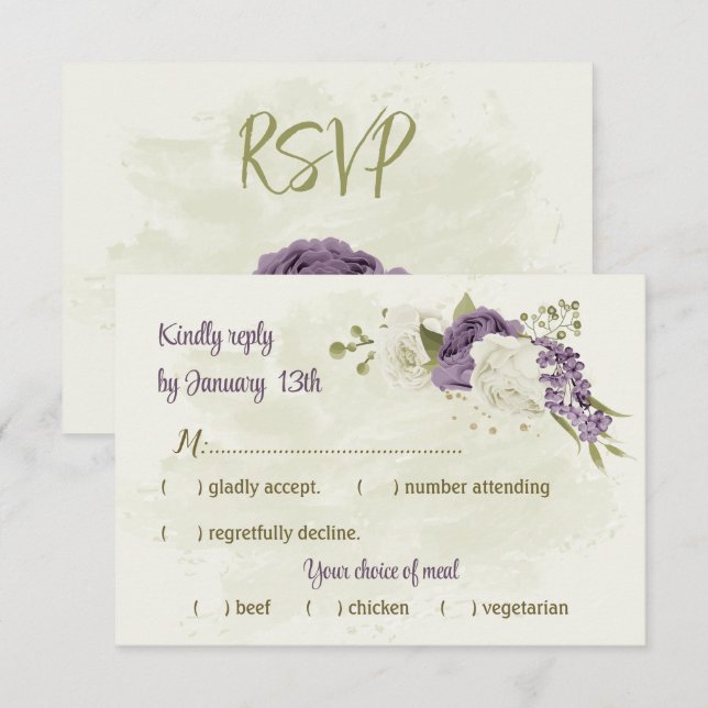 Cartão RSVP casamento mauve de flores brancas verde (Frente/Verso)