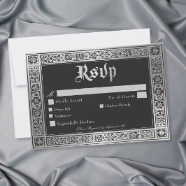 Cartão RSVP Casamento Medieval Gótico Preto Prata