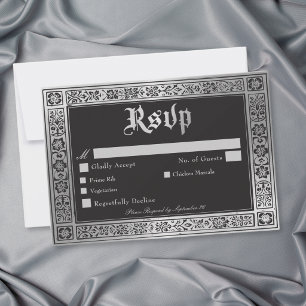 Cartão RSVP Casamento Medieval Gótico Preto Prata