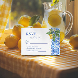 Cartão RSVP Casamento mediterrânico de azulejos azuis e limões