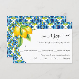 Cartão RSVP Casamento mediterrânico de limão azulejo azul e am