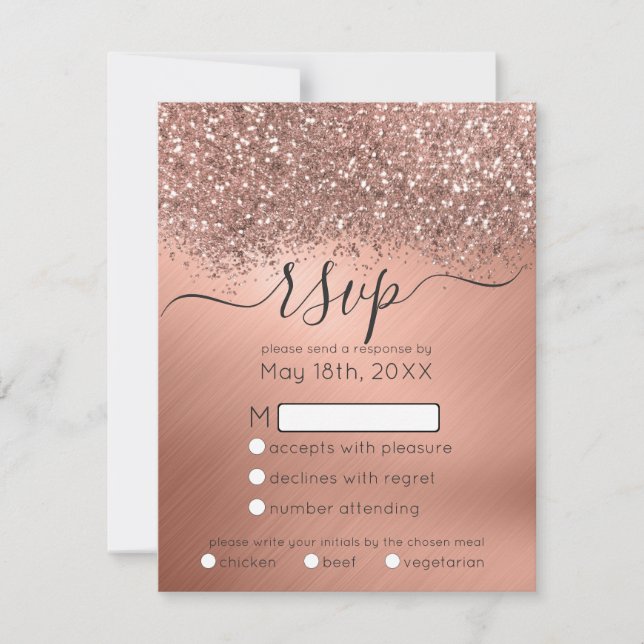 Cartão RSVP Casamento Metálico de Confetti, Rosa e Dourado de  (Frente)