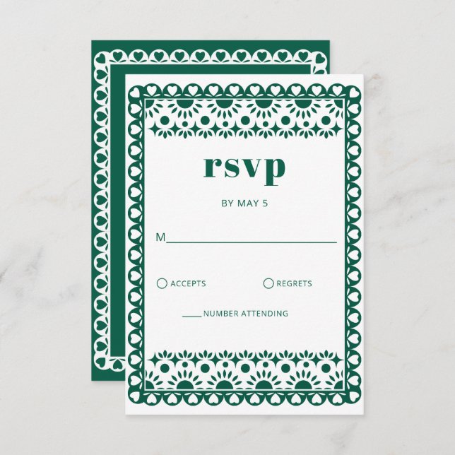 Cartão RSVP Casamento Mexicano Fiesta Emerald Papel Picado Boh (Frente/Verso)