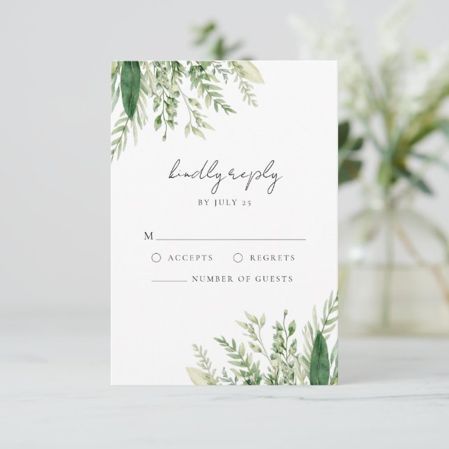 Cartão RSVP Casamento Minimalista Boho Greenery (Em pé/Frente)
