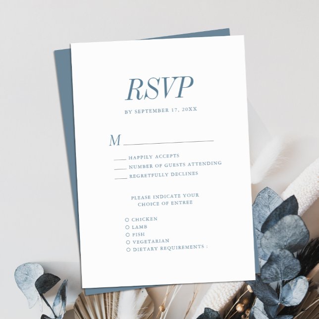 Cartão RSVP Casamento Minimalista Clássico Elegante Azul Dusty (Criador carregado)