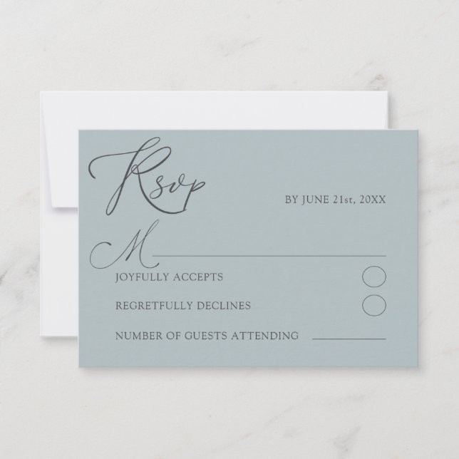 Cartão RSVP Casamento Minimalista em Azul Poeirento Tipografia (Frente)