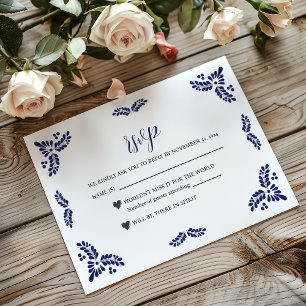 Cartão RSVP Casamento Minimalista Floral Azul-Talavera Mexican