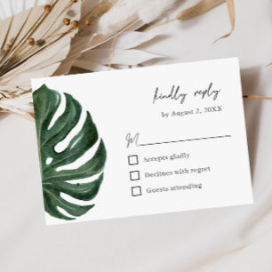 Cartão RSVP Casamento Minimalista Folha de Monstera Tropical