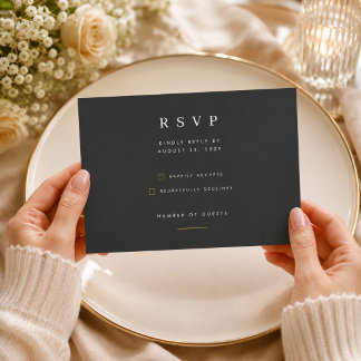 Cartão RSVP Casamento Minimalista Preto e Dourado