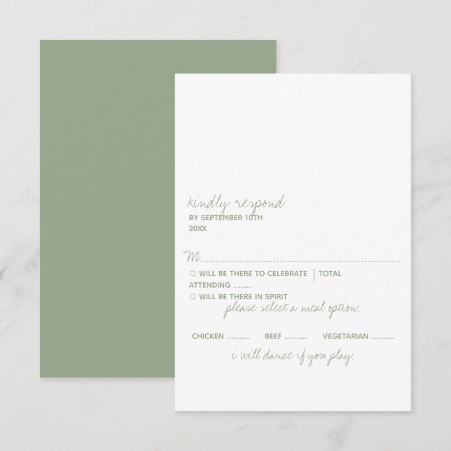 Cartão RSVP Casamento Minimalista Verde do Script Moderno (Frente/Verso)