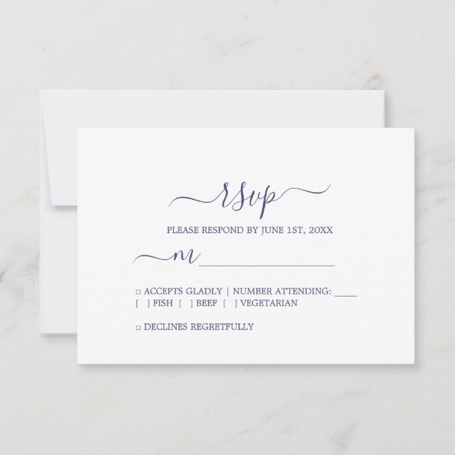 Cartão RSVP Casamento Mínimo Azul do Marinho de Script Chic (Frente)