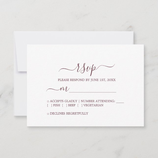 Cartão RSVP Casamento Mínimo de Burgundy do Script Chic (Frente)