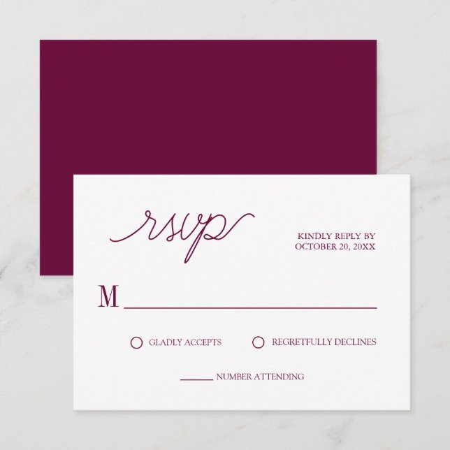 Cartão RSVP Casamento Mínimo de Chic Burgundy - Script Elegant (Frente/Verso)