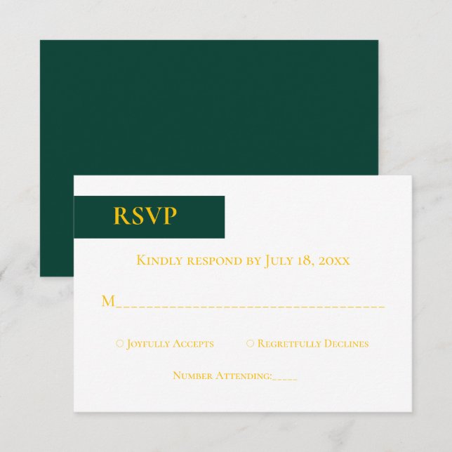 Cartão RSVP Casamento Mínimo de Emerald Green Dourado Monogram (Frente/Verso)