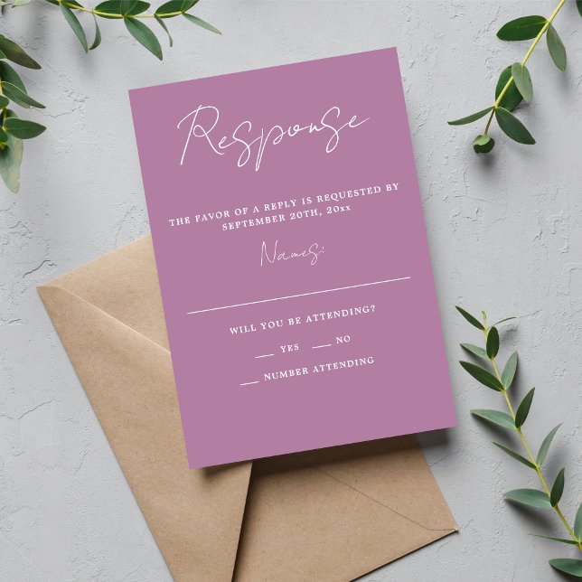 Cartão RSVP Casamento Mínimo de Lavanda de Script Simplicity 3 (Criador carregado)