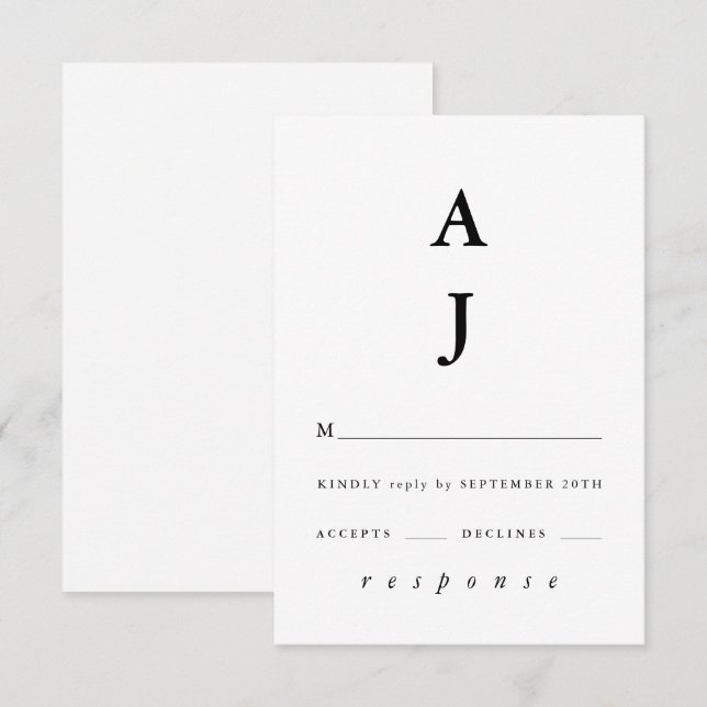 Cartão RSVP Casamento Mínimo de Monograma Preto e Branco (Frente/Verso)