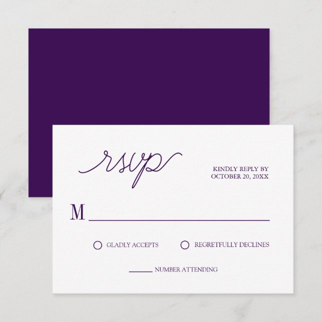 Cartão RSVP Casamento Mínimo de Púrpura Roxo de Script Elegant (Frente/Verso)