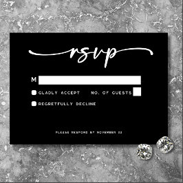 Cartão RSVP Casamento Mínimo de Script Branco Preto Moderno